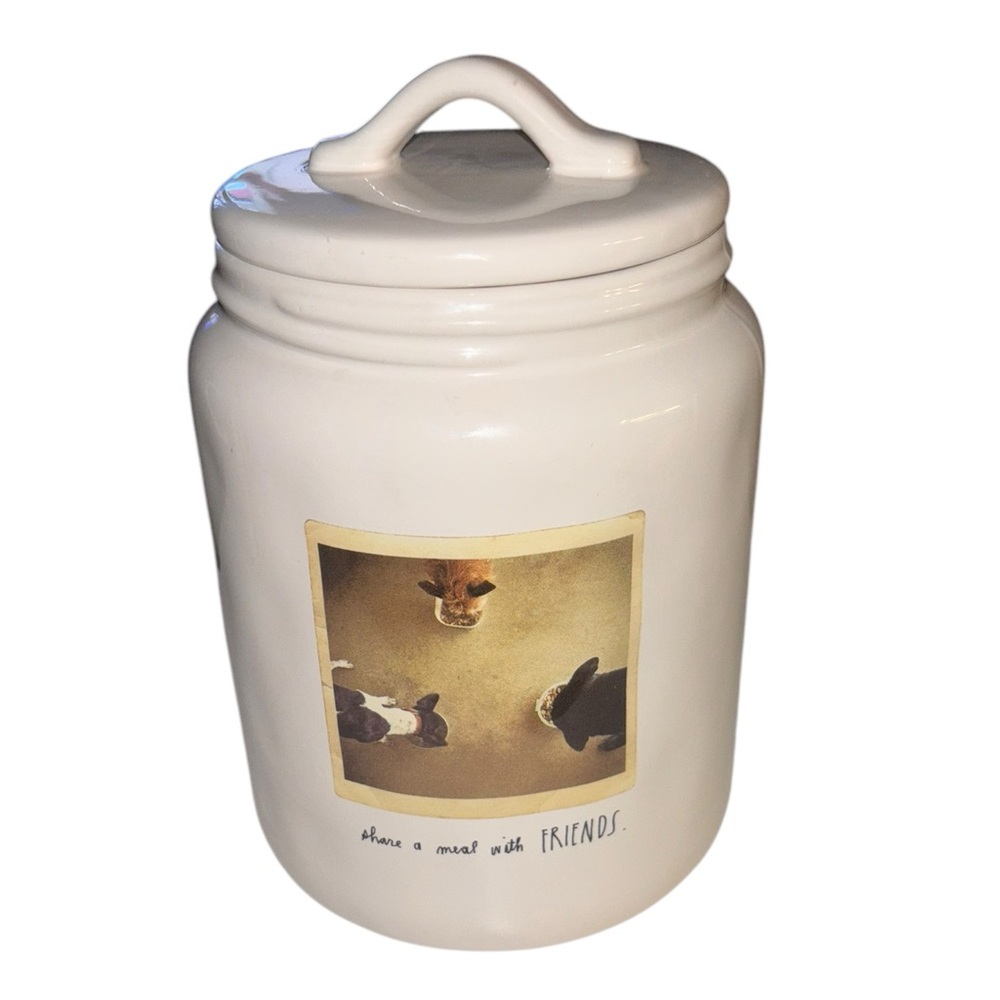 Rae Dunn Photo Dogs “share a meal with FRIENDS” Pet Treat‎ Ceramic Canister